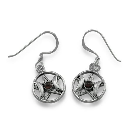 Sterling Silver Triple Goddess Pentacle Dangle Earrings with Red Stones