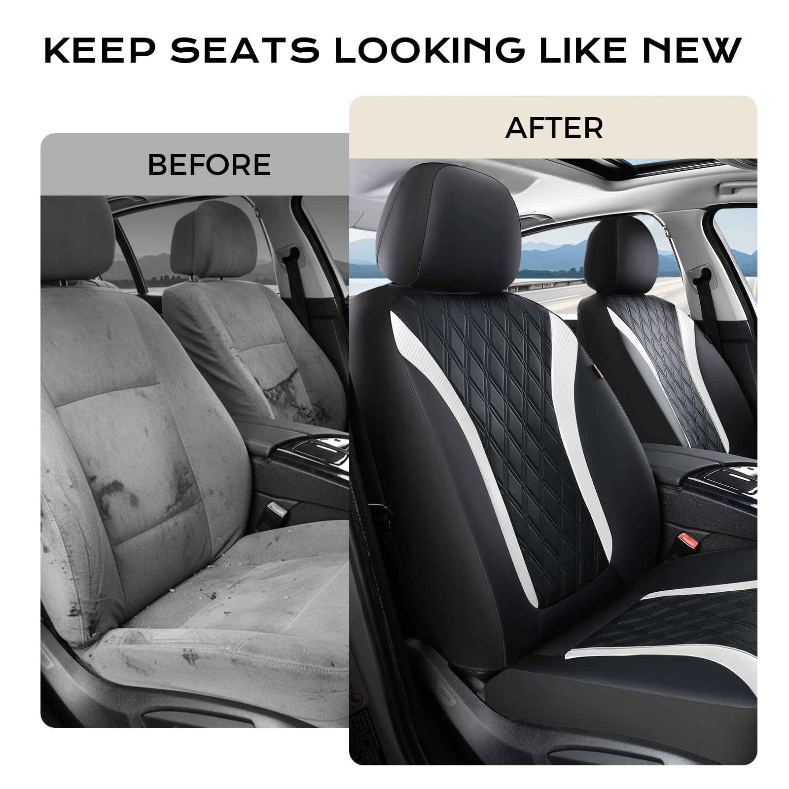 Coverado Car Seat Covers, Faux Leather with Carbon Fiber Front Car Seat Protectors, 4 Pieces Universal Fit for Most Cars SUV Trucks, Black&White