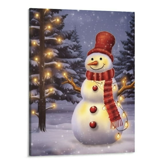 Creowell  Holiday Canvas Wall Art Prints with Snowman and Christmas Tree Picture Snow Covered Winter Scene Decor 16x20 Inch