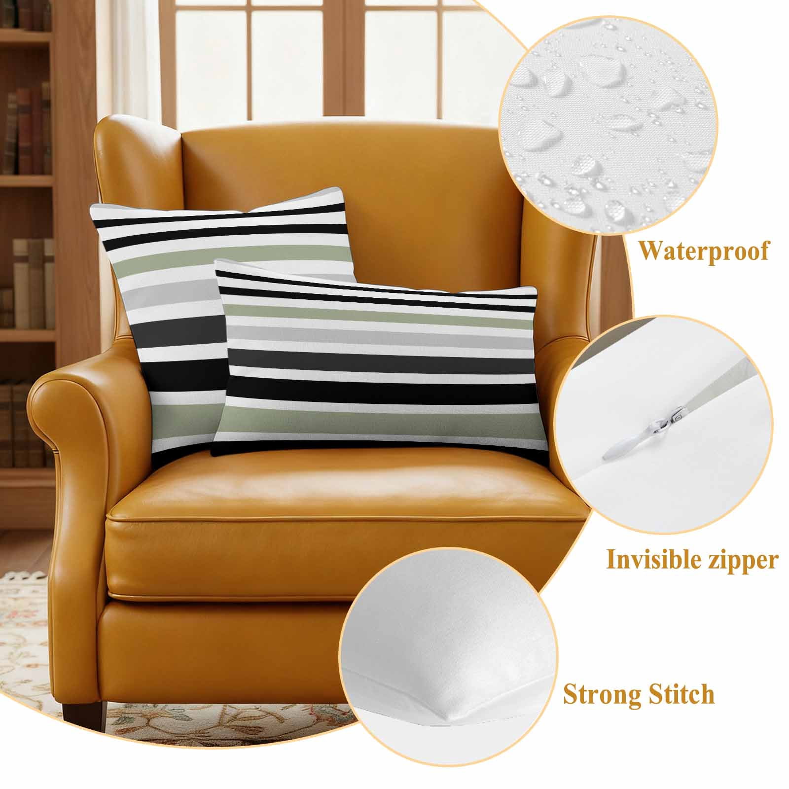 Sage Green Black Stripe Outdoor Waterproof Pillow Covers, Modern Abstract Coarse Striped Decorative Square Throw Pillowcase Sofa Cushion Sham for Patio/Couch/Chair, 24"x24" 2 Pack