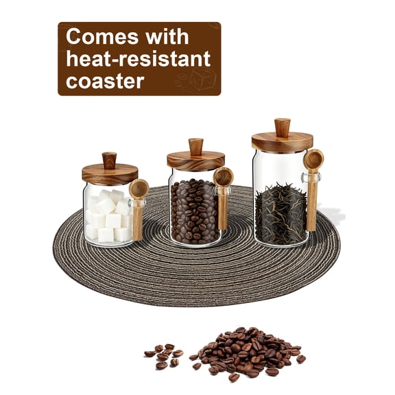 Glass Canister Set of 3 with Wooden Lids & Spoons, 13.5oz/20.3oz/27oz Clear Glass Food Storage Jars for Coffee Tea Sugar Pantry Organization