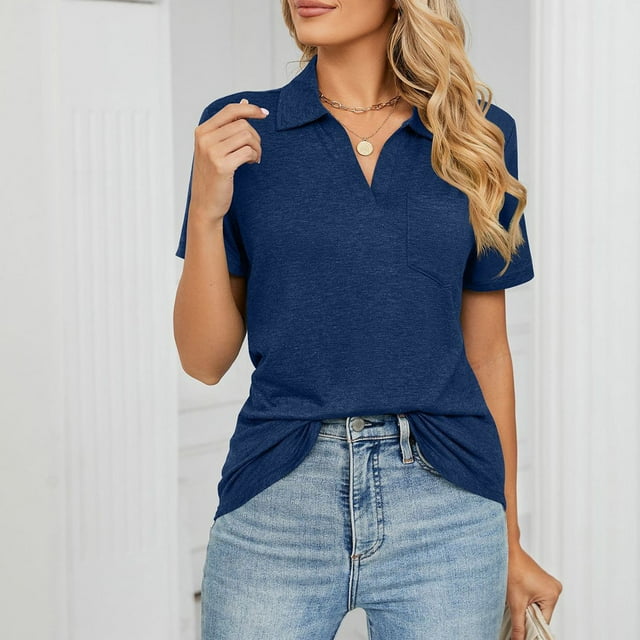Meichang Polos de Base pour Femmes Été Blouse à Col en V Chic Décontractée Manches Courtes Hauts Confortables Légers T-Shirts à Col avec Poches