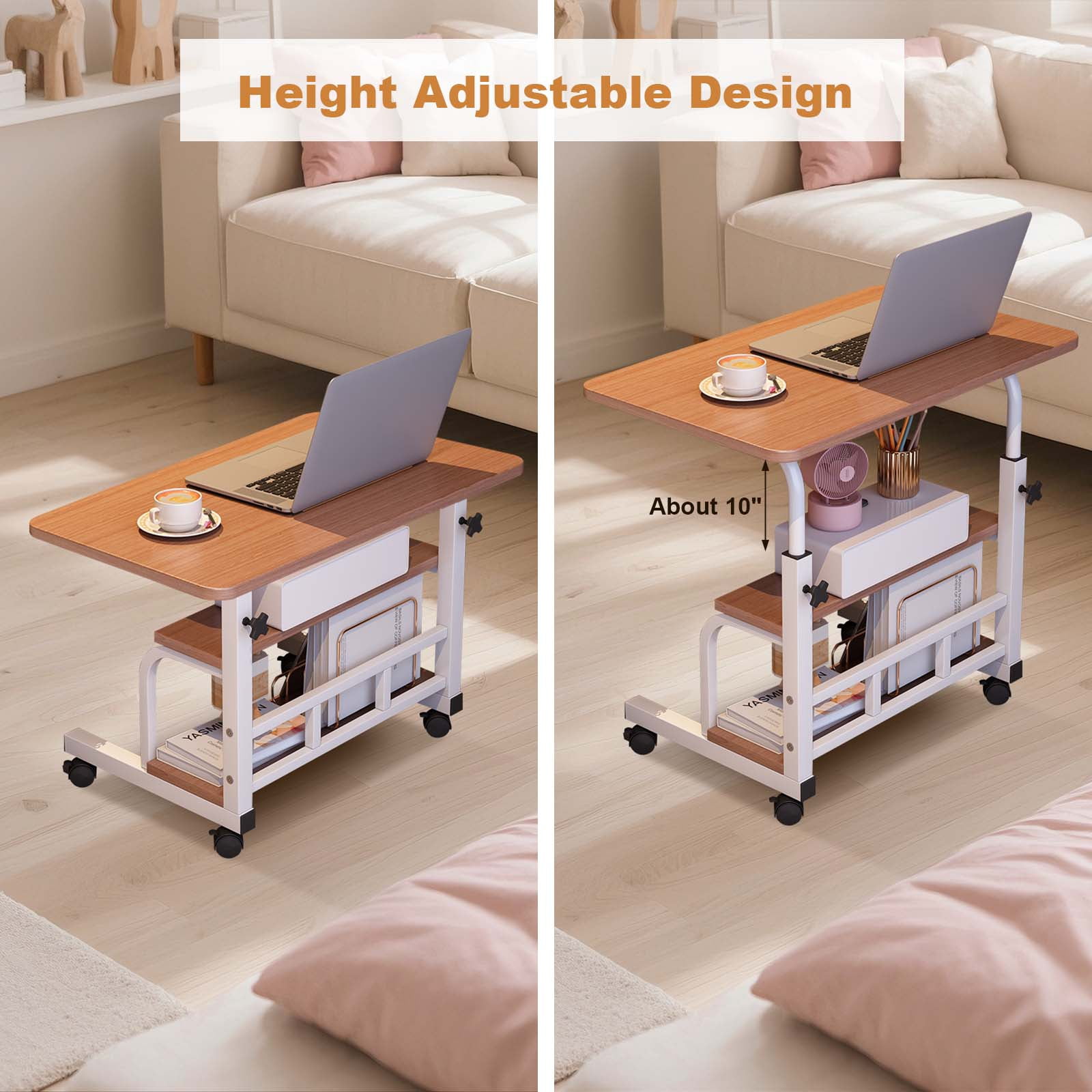 Roromall 31.5" Adjustable Height Portable Rolling Desk Mobile Standing Desk, Small Computer Table, Mobile Stand Up Table with Wheels & Storage Shelves for Home Office School