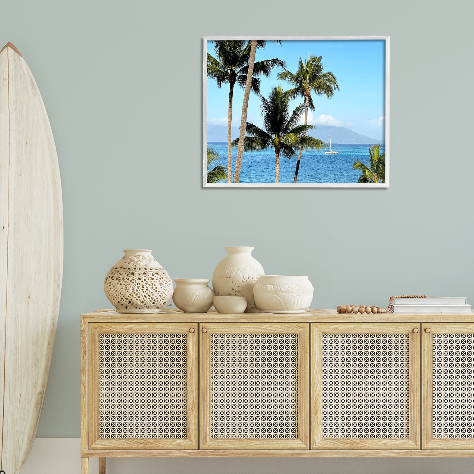 Stupell Industries Palm Trees & Sailboat Landscape Photography White Framed Art Print Wall Art, 30 x 24