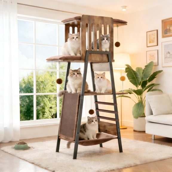 58-Inch Modern Cat Tree for Large Cats & Maine Coon, Multi-Level Cat Tower with Scratching Board, Large Perch, Hammock & Removable Pads, Rustic Brown