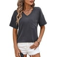 thumbnail image 1 of Fiudx Tops para Mujer Camiseta Holgada de Manga Corta con Franjas Retorcidas y Cuello En V con Bolsillo En El Pecho de Color Liso para Mujer Top/Camisa de Manga Corta con Cuello En V para Mujer, 1 of 4