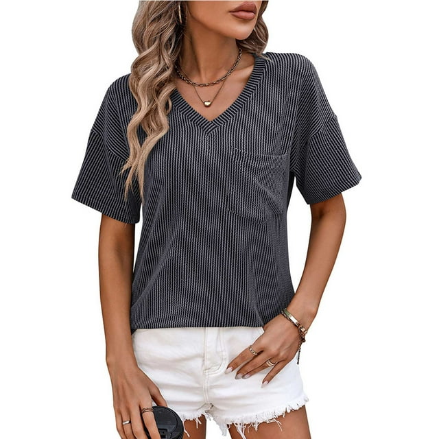 Fiudx Tops para Mujer Camiseta Holgada de Manga Corta con Franjas Retorcidas y Cuello En V con Bolsillo En El Pecho de Color Liso para Mujer Top/Camisa de Manga Corta con Cuello En V para Mujer