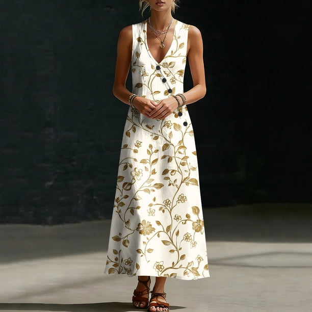 boho cheesecloth dress Boho Dress for Women V Neck Vintage Print Linen Cheesecloth Dress  Sleeveless Italian Style Maxi Dresses Soft Floral Print Beach Lightweight  Shift Dresses Loose Fit Ladies