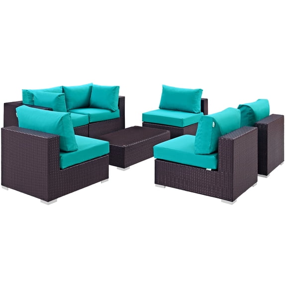 Modern Contemporary Urban Design Outdoor Patio Balcony Seven PCS Sectional Sofa Set, Blue, Rattan