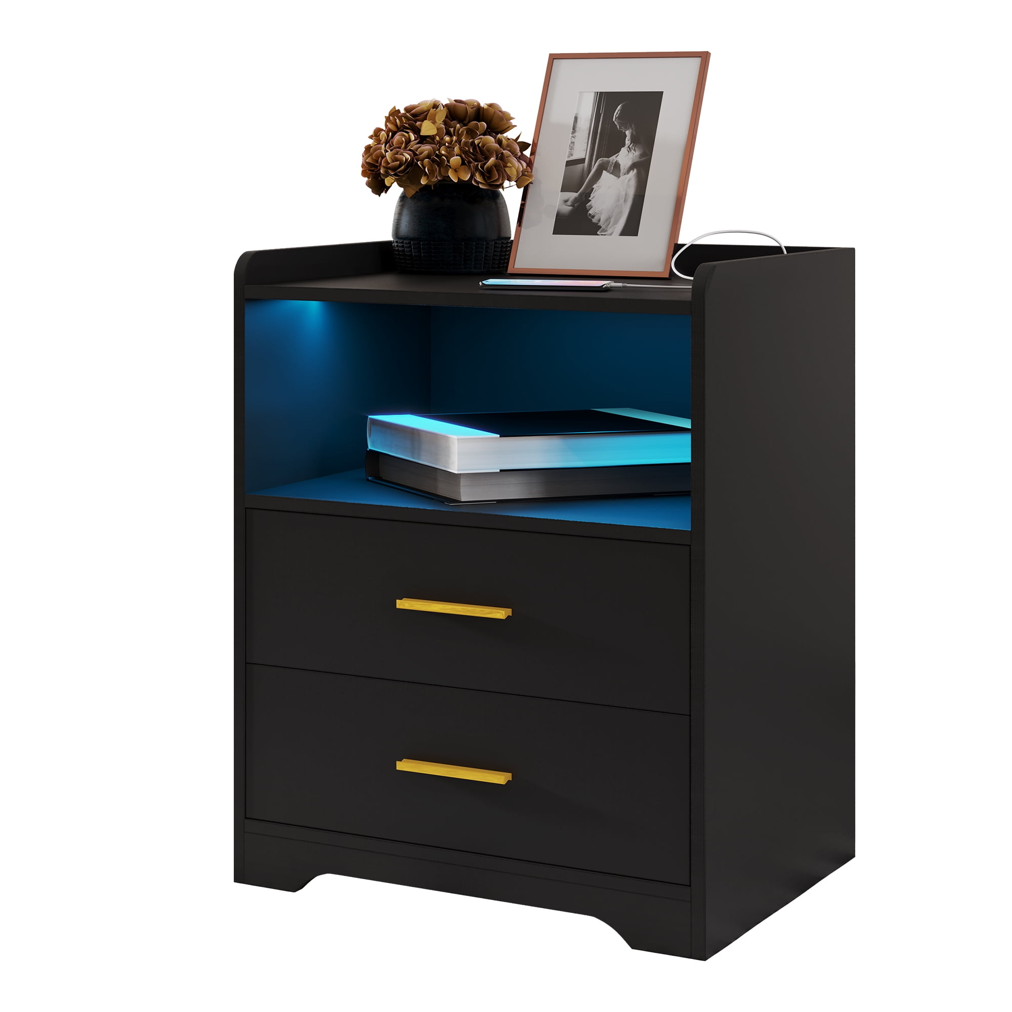 LVSOMT Modern Bedroom Nightstand with LED Lights, 2 Drawers Wooden End