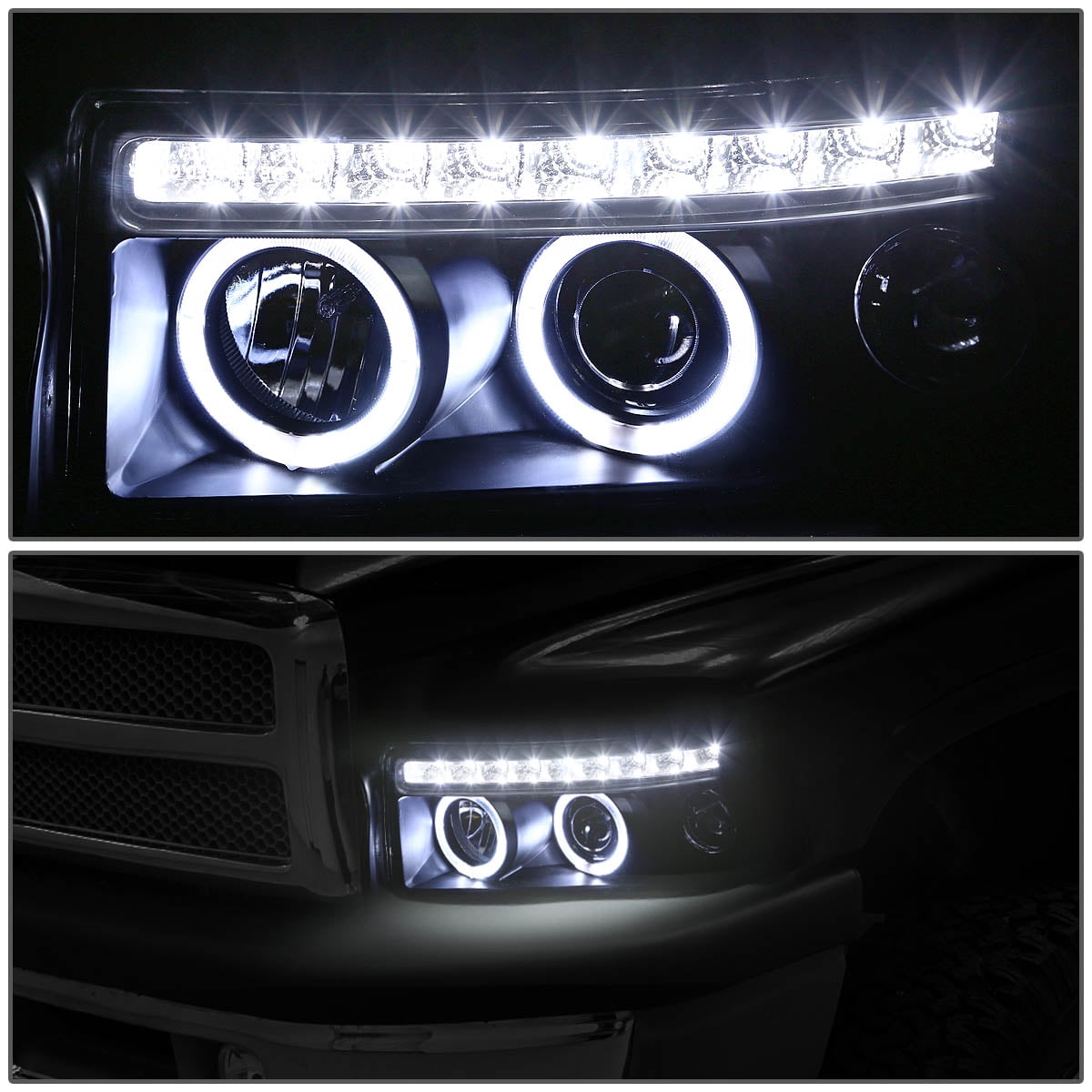 For 1994 To 2001 Dodge Ram Led Drl Strip Dual Halo Ring Projector For 1994 To 2001 Dodge Ram Led Drl Strip Dual Halo Ring Projector Headlight Black Housing Amber Corner Headlamp 95 96 97 98 99 00 1500 2500 3500