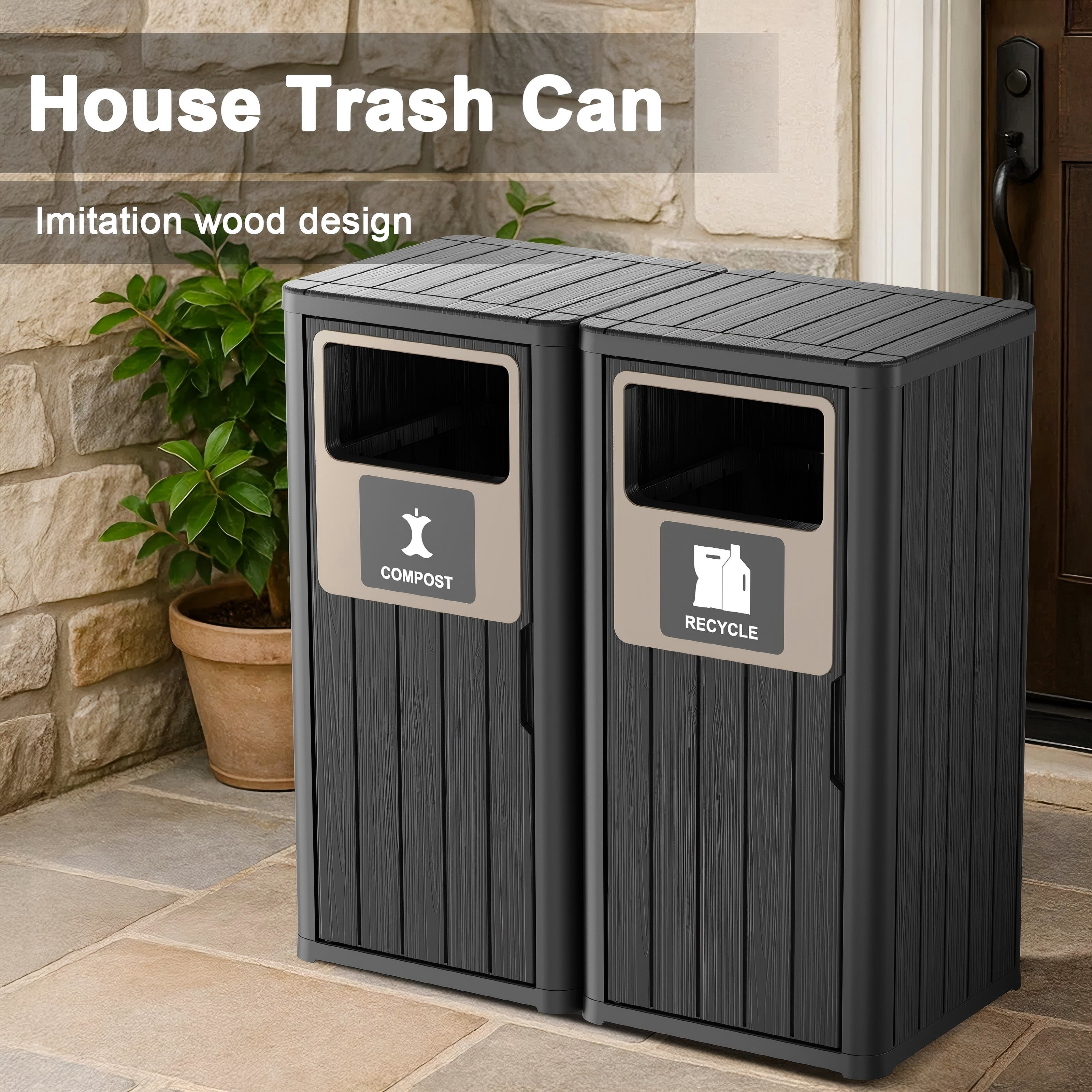 Outdoor Single Barrel Trash Can,Waterproof Resin Garbage Can with Garbage Labels,Durable Waste Bin for Porch, Backyard,Kitchen,for 30 to 39 Gallon Trash Bags（Black，2)