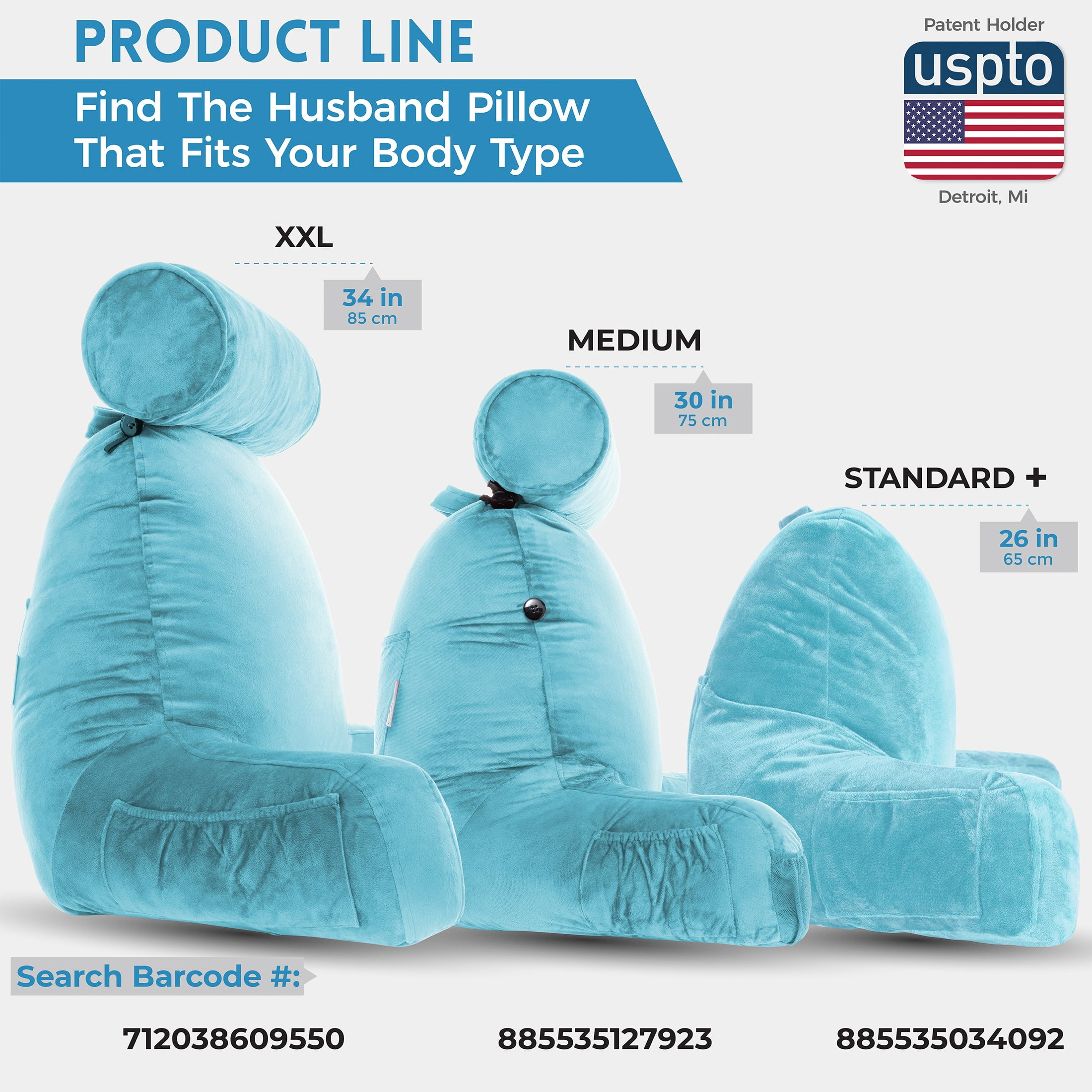 Husband Pillow Original Standard+ Pillow Cover Only Carolina Blue Color - Wash / Removable Replacement Soft Microplush Pillow Case for Standard Size Reading Pillow w/ Long Zipper, Back & Side Pockets