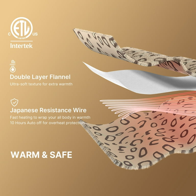 MIZZEO Electric Heated Blanket Throw 50 x 60 Full Body Size Fast Heating  Blankets 100% Polyester Velvet 10 Heating Levels 1-12 Hours Auto-Off ETL  Certified Machine Washable (Leopard) - Walmart.com