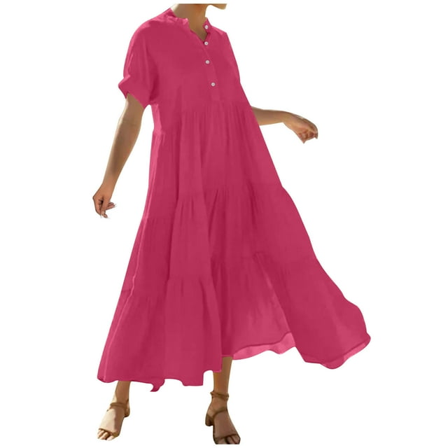 Cinvoph Robe T-shirt Décontractée d'Été à Volants, Robe Unie à Manches Courtes et Col en V pour Femmes