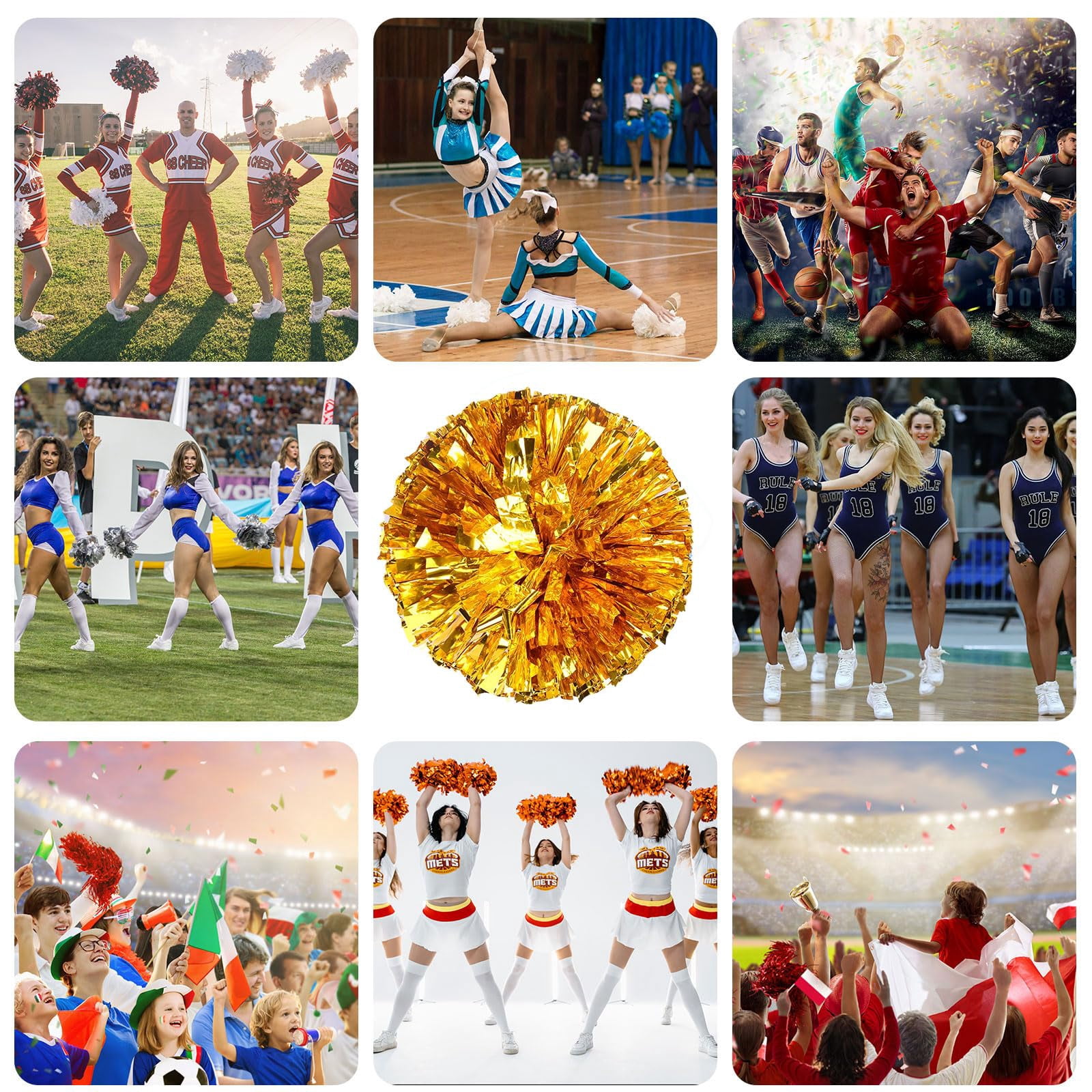 Cheerleading Pom Poms 24 Pcs with Straight Handle, Handheld Squad Pompoms for Sports Team Cheer Spirit Games, Dance Party Adults