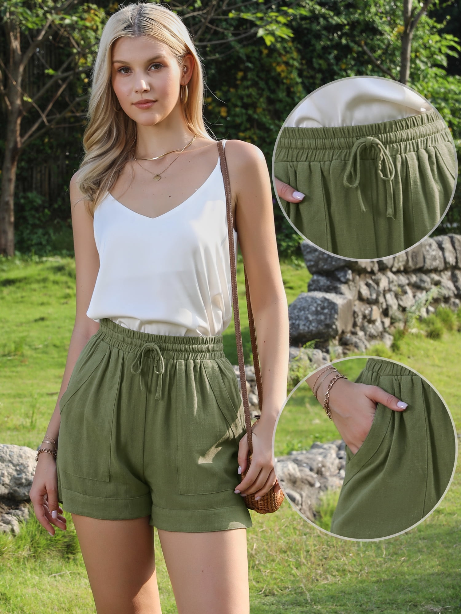 DARING DIVA Women's Wide Leg Drawstring Vacation Beach Pants Small Olive Green