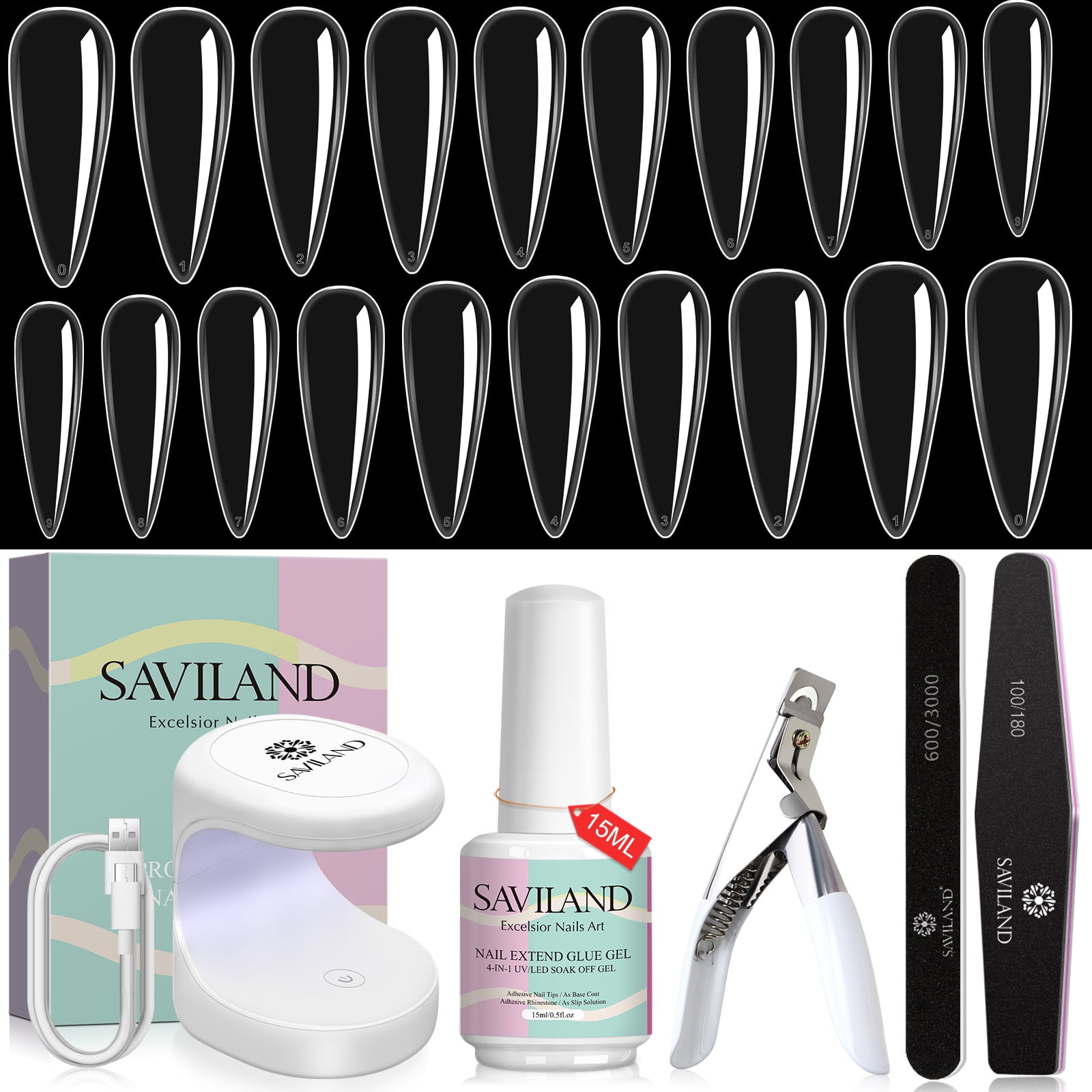 Saviland Nail Tip and Glue Gel Kit Gel x Nail Kit with 500pcs Clear