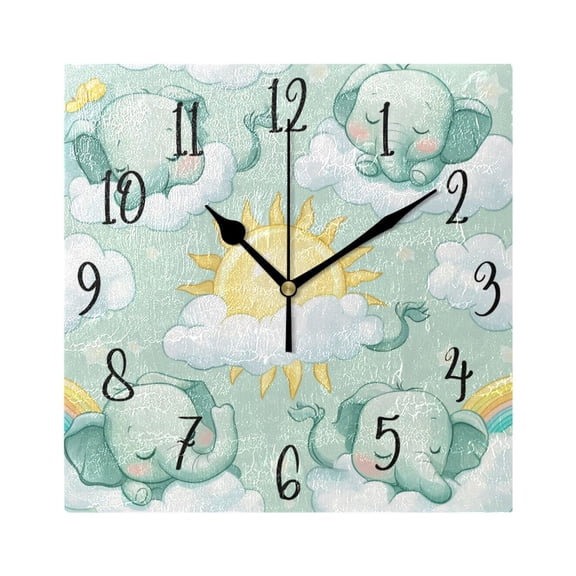 WOBOGO Illustration Of Cartoon Sleeping Baby Elephants Wall Clock 7.78 Inch Battery Operated Silent Unit Square Rustic Vintage Style for Home Bedroom Office Black Pointer