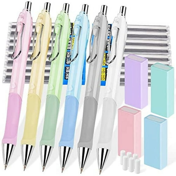 Tomorotec 0.7mm Mechanical Pencils 6-Pack, 16 Lead Refills, 4 Erasers, 6 Cap Erasers Ideal for Writing, Sketching, Drawing, Drafting with HB Lead in 6 Pastel Colors, Perfect for Office Use