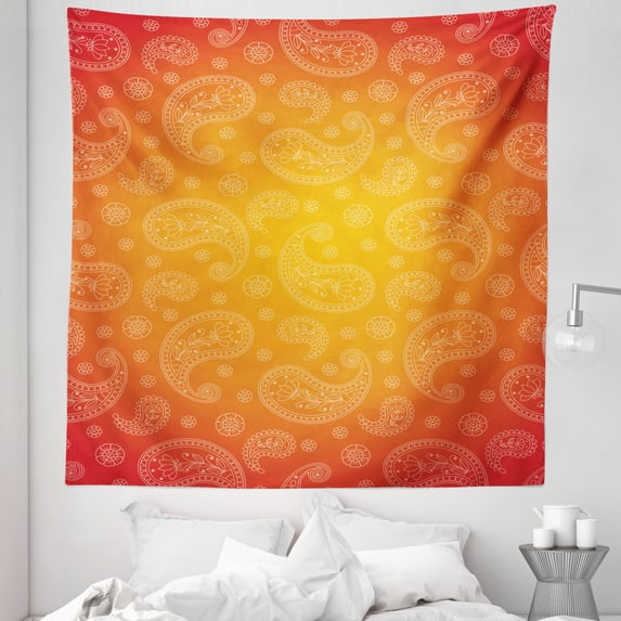 Orange Tapestry, Ombre Colored and Themed Image with Blank Frame and Floral Patterns, Fabric Wall Hanging Decor for Bedroom Living Room Dorm, 5 Sizes, Orange and White, by Ambesonne