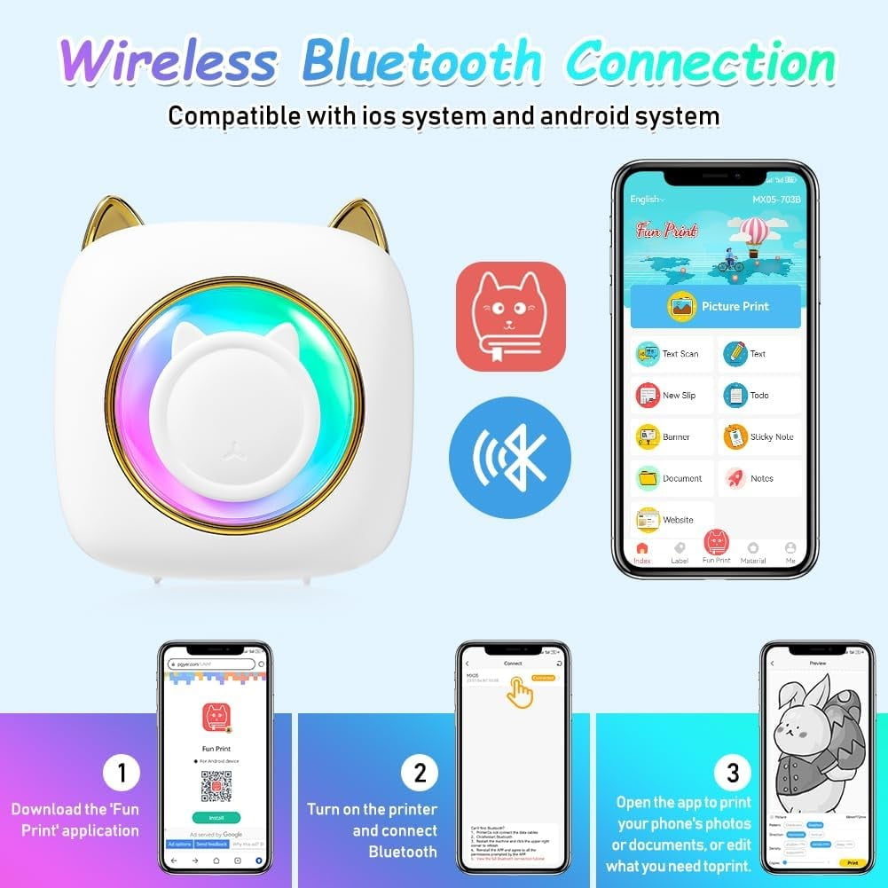 NefLaca Mini Printer, Pocket Bluetooth Thermal Printer Compatible with iOS + Android Portable Wireless Bluetooth Photo Label Stickers RGB Light Kitten Set