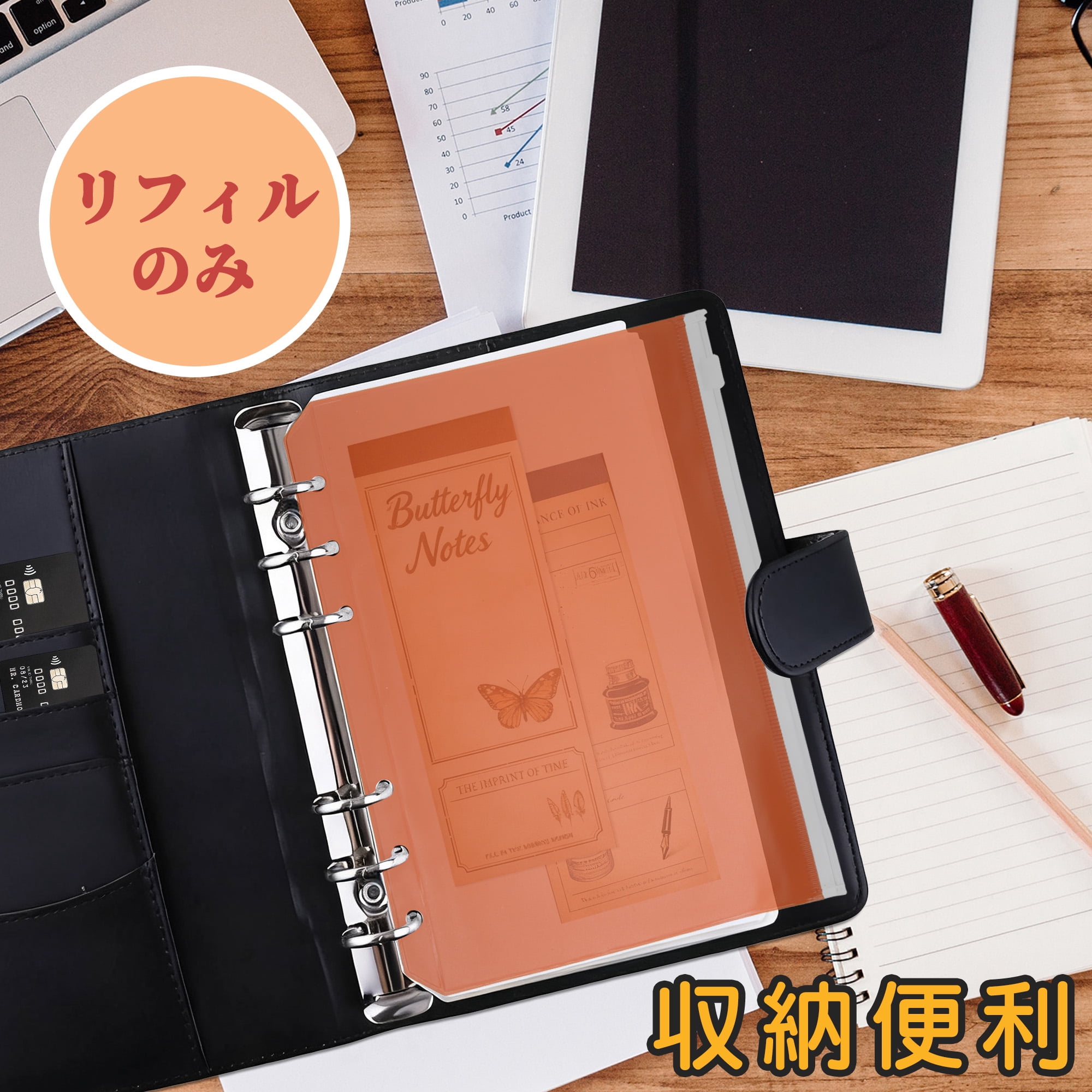 Unique Bargains Binder Zipper Pouch 6-Ring Frosted Zipper File Bag Clear Sleeves A5 Orange