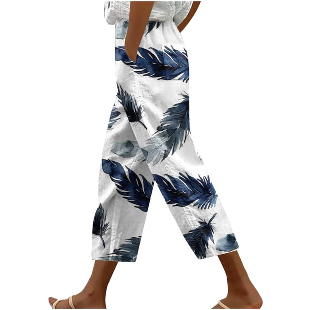 Womens Linen Cropped Pants, Loose Casual Wide Leg Capris Plus Size Elastic Waist Drawstring Capris Trouses with Pockets Ladies Capris Pants with Pockets Multicolor XXL