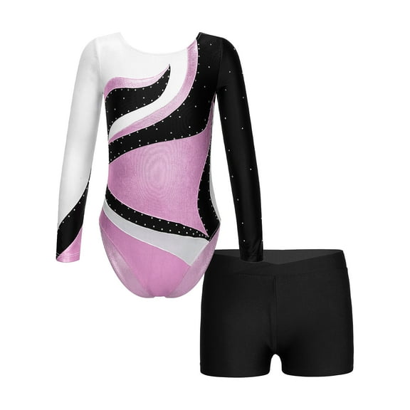 YONGHS Kids Girls Gymnastics Biketard Ballet Dance Leotard Bodysuit Unitard with Shorts Set Pink 8