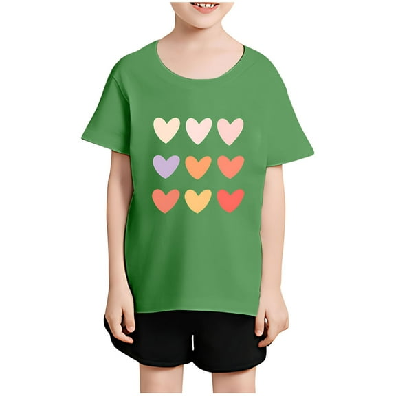 Dianli Girls Tops T-Shirts Crew Neck Blouse Loose Fit Short Sleeve Casual Love Heart Print Tops Workout Girls' Tops, Tees & Blouses Clothes for Girls 4-12 Summer Saving Green 10 Years