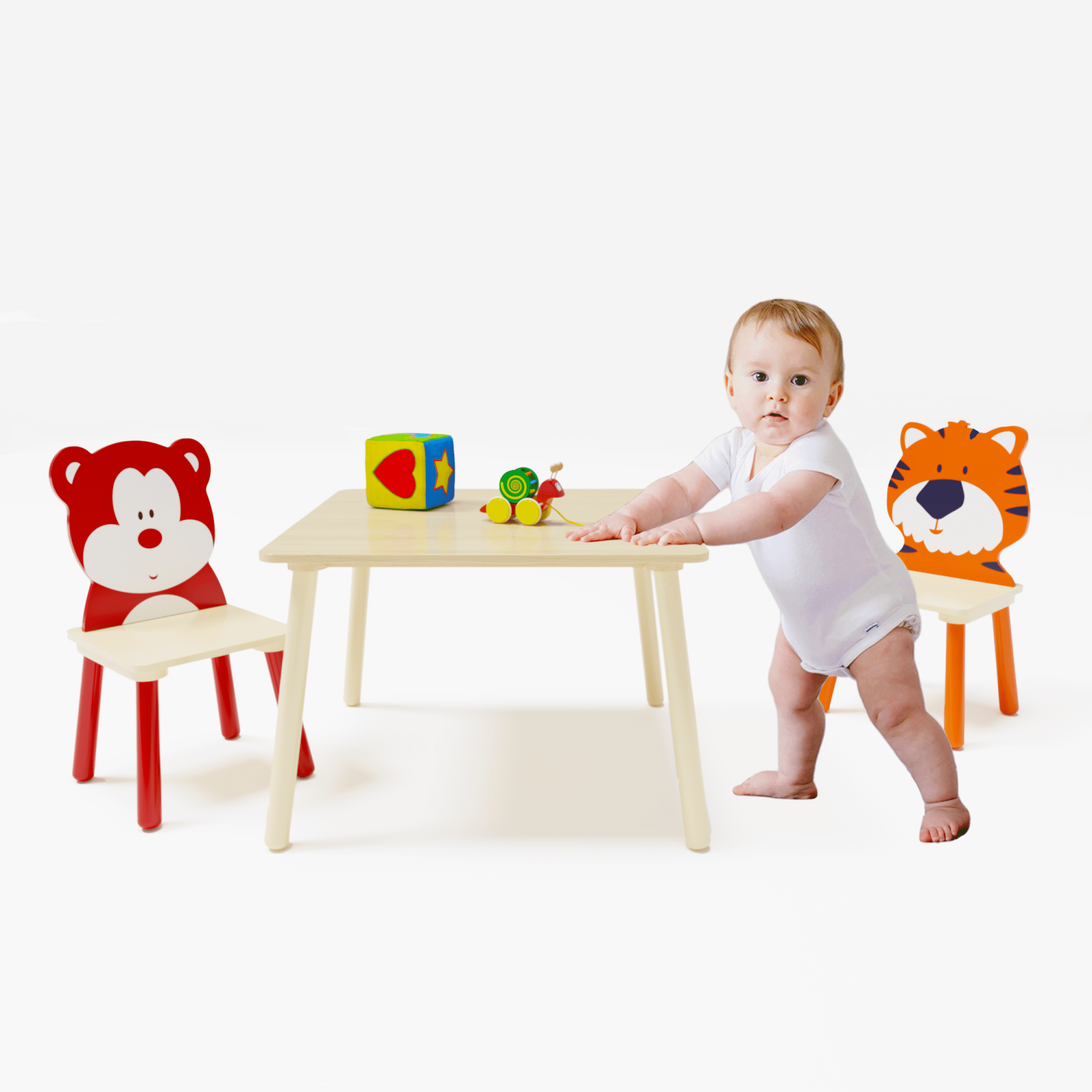 3 Pieces Kids Table and Chair Set, Kids Wood Table with 2 Chairs Set Cartoon Animals (Bear&Tiger) 91668