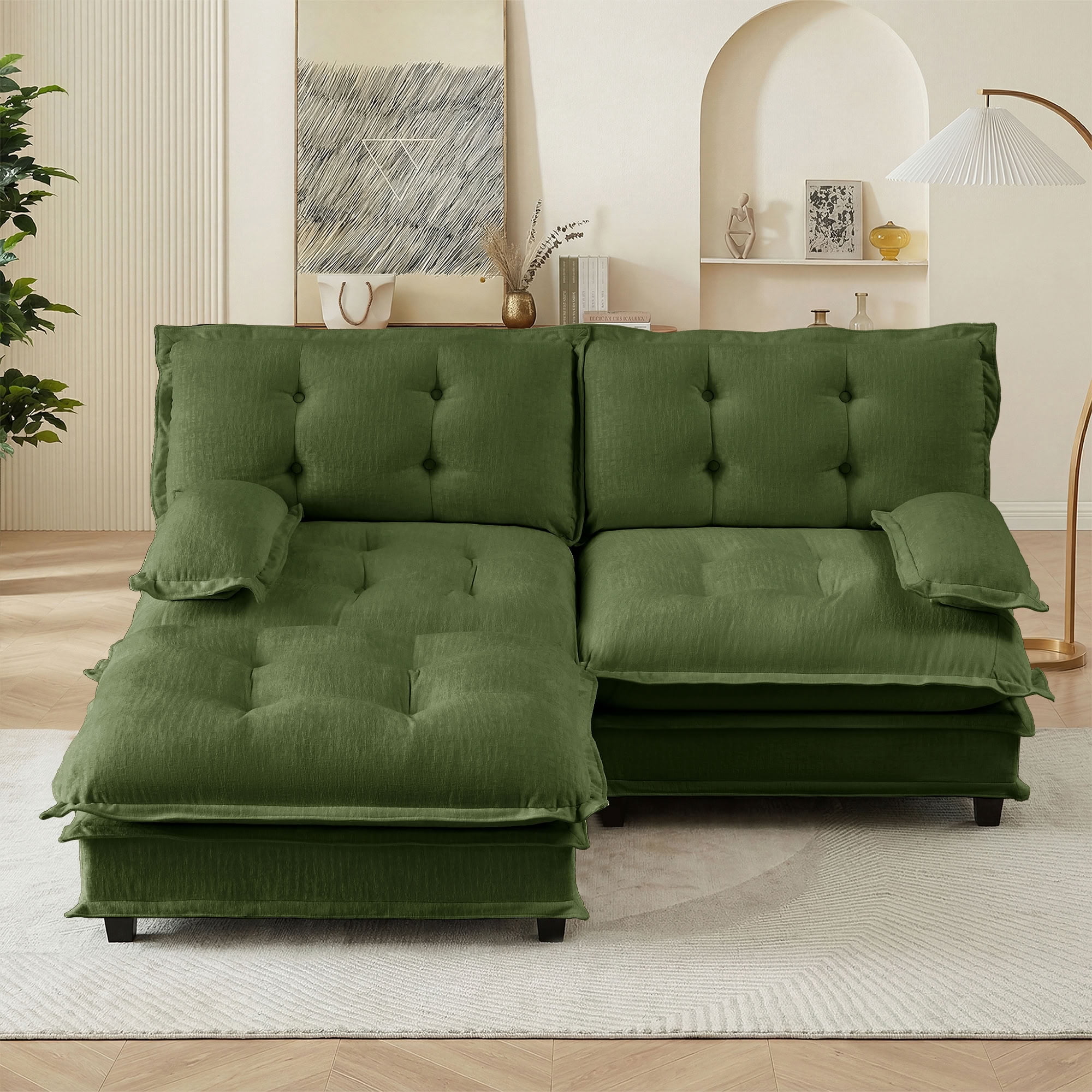 MAYEERTY 77 Inch L-Shaped Sectional Sofa with Ottoman, Chenille 2-Seat Modular Couch, Solid Wood & Metal Frame for Living Room Bedroom Apartment