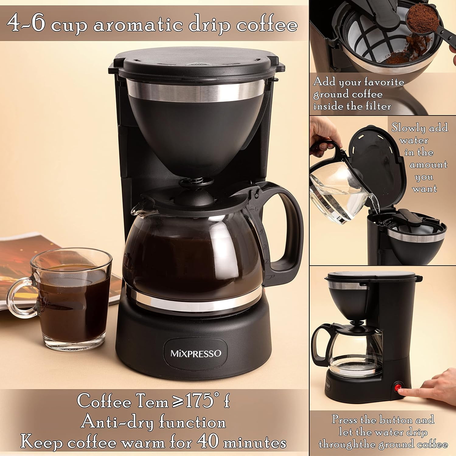 Mixpresso Compact 5-Cup Black Drip Coffee Maker, Small Coffee Maker 25 oz