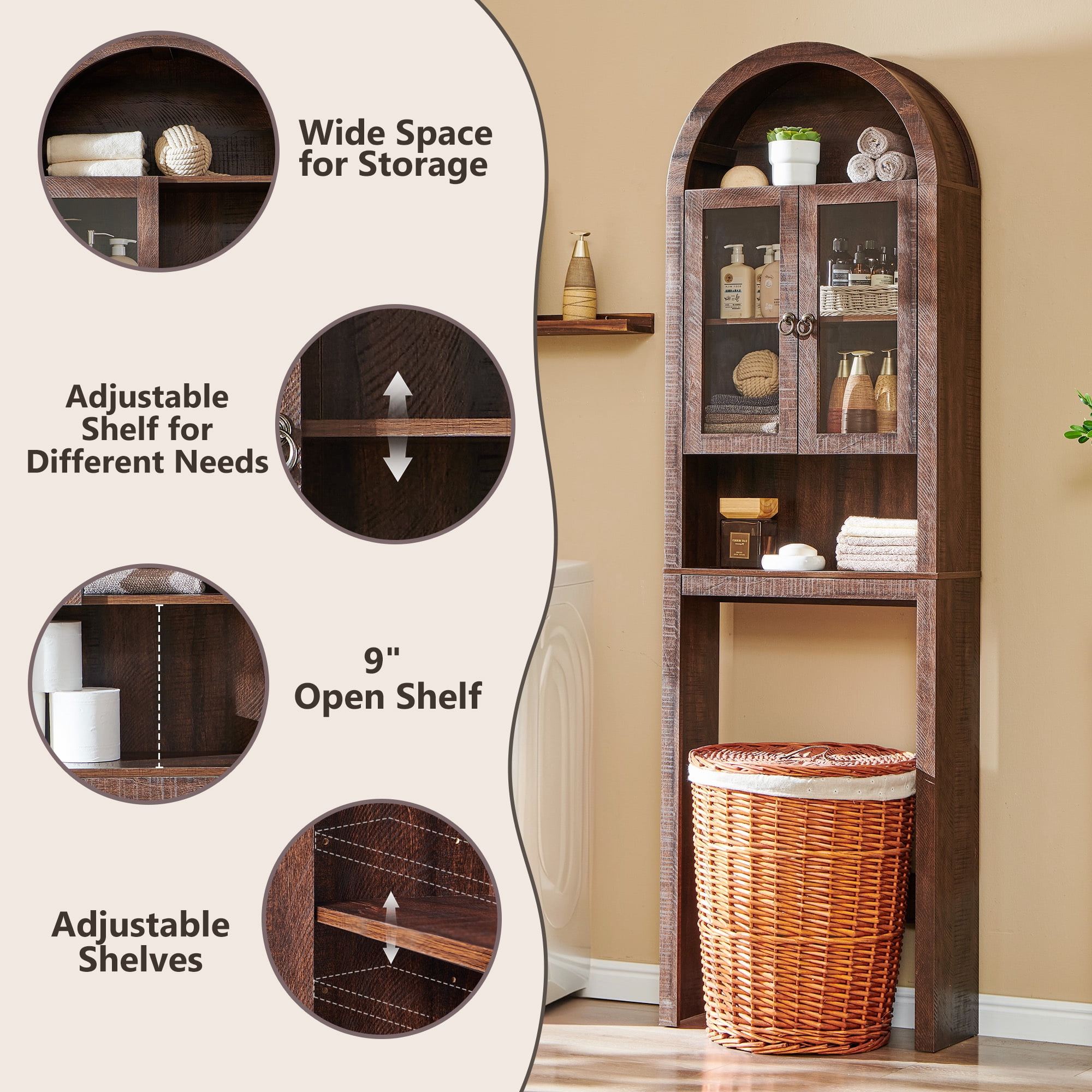SinCiDo Arched Over The Toilet Storage Cabinet, Modern Bathroom Shelf Over Toilet with Acrylic Doors, Wooden Bathroom Space Saver Organizer above Toilet with Adjustable Shelf