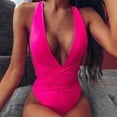 thumbnail image 3 of ENJOYW Women Bikini Solid Color Deep V Neck One Piece Temperament Off Shoulder Swimwear for BeachPolyester, 3 of 7