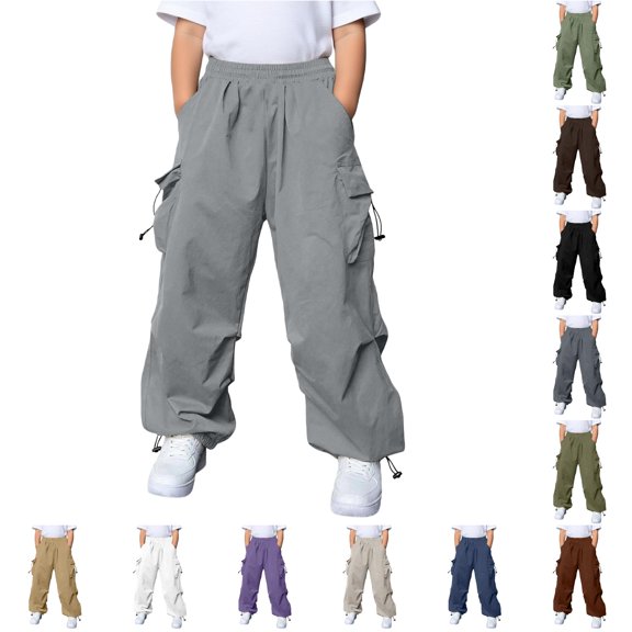 CUZIBR Kids Cargo Pants With Multiple Pockets For Boys Unisex Elastic Waist Drawstring Adjustable Loose Baggy Casual Trousers Street Hip Hop Daily Wear,Grey,14-15 Years