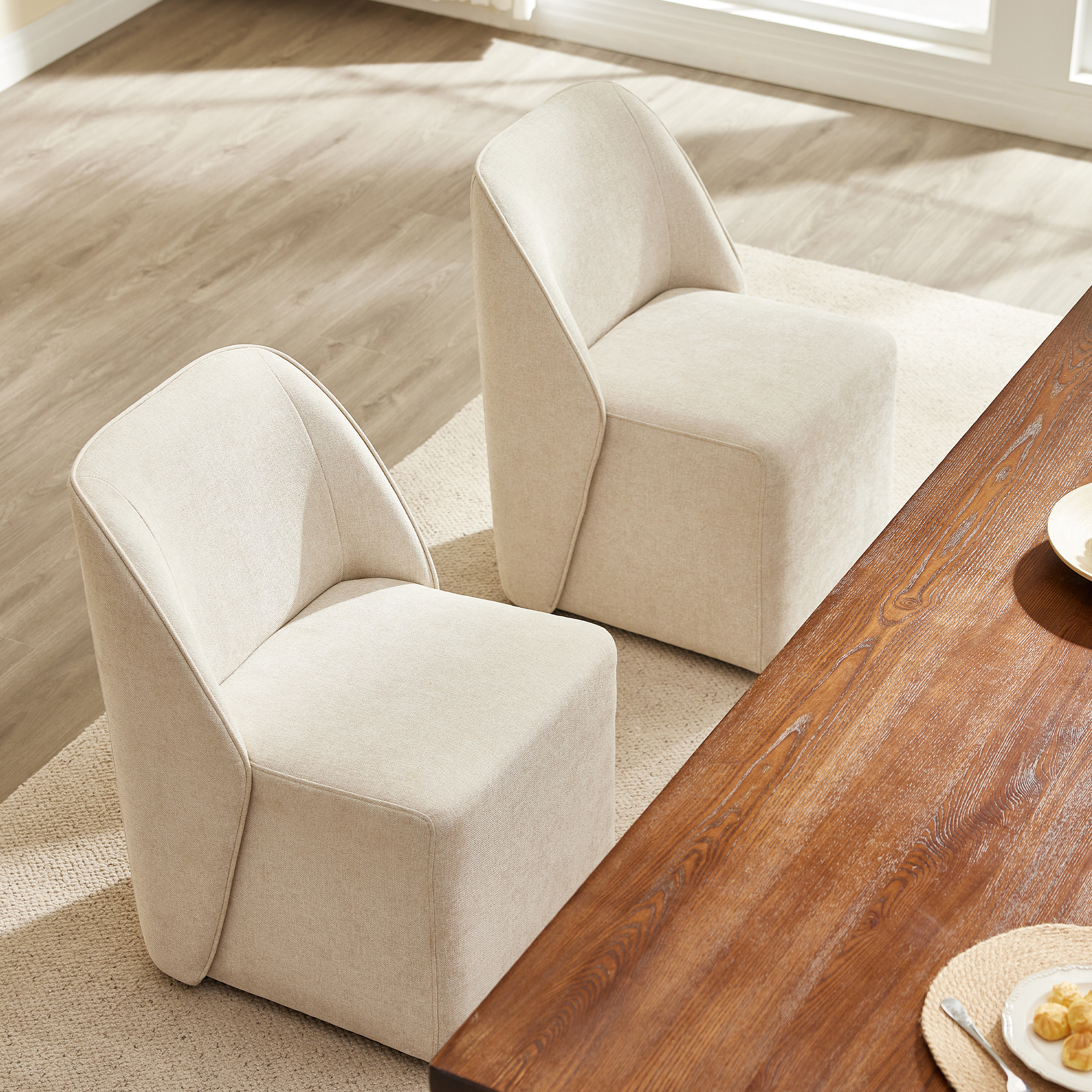 Spruce & Spring Rolling Upholstered Dining Chair with Smooth Hidden Casters Set of 2, Linen
