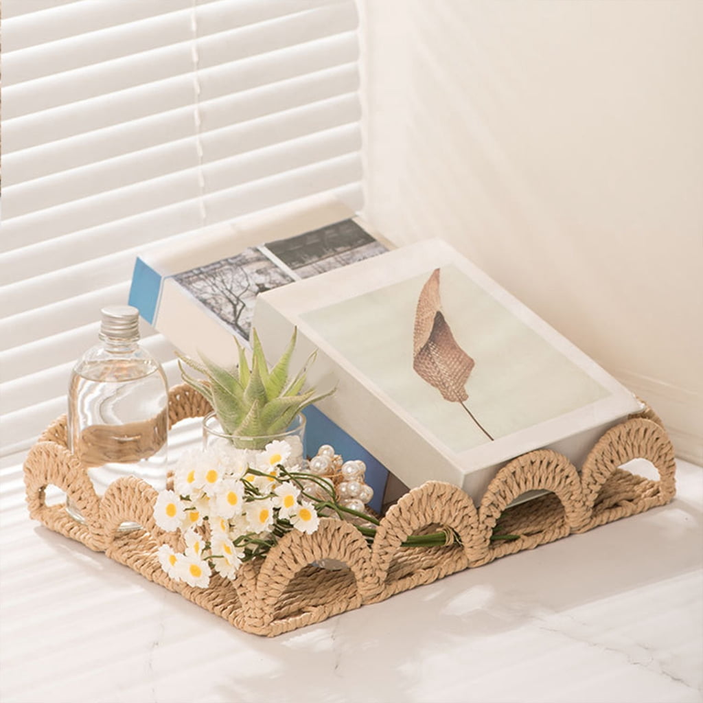 Zeiwohndc Handwoven Paper Rope Desk Organiser Natural Rattan Storage Tray for Desktop