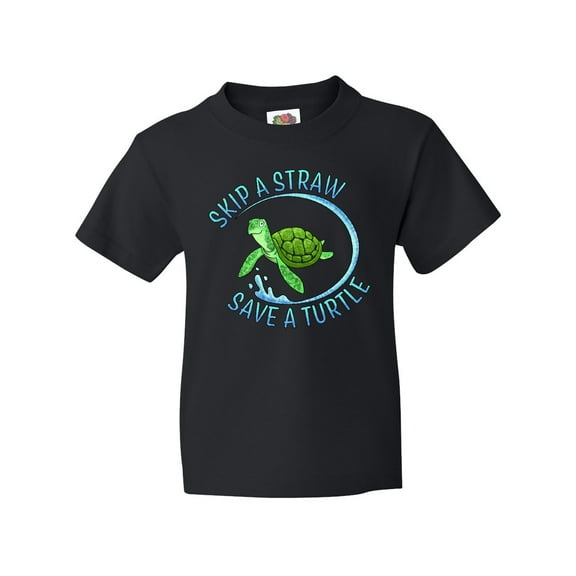 Inktastic Skip a Straw Save a Turtle with Cute Green Sea Turtle Youth T-Shirt