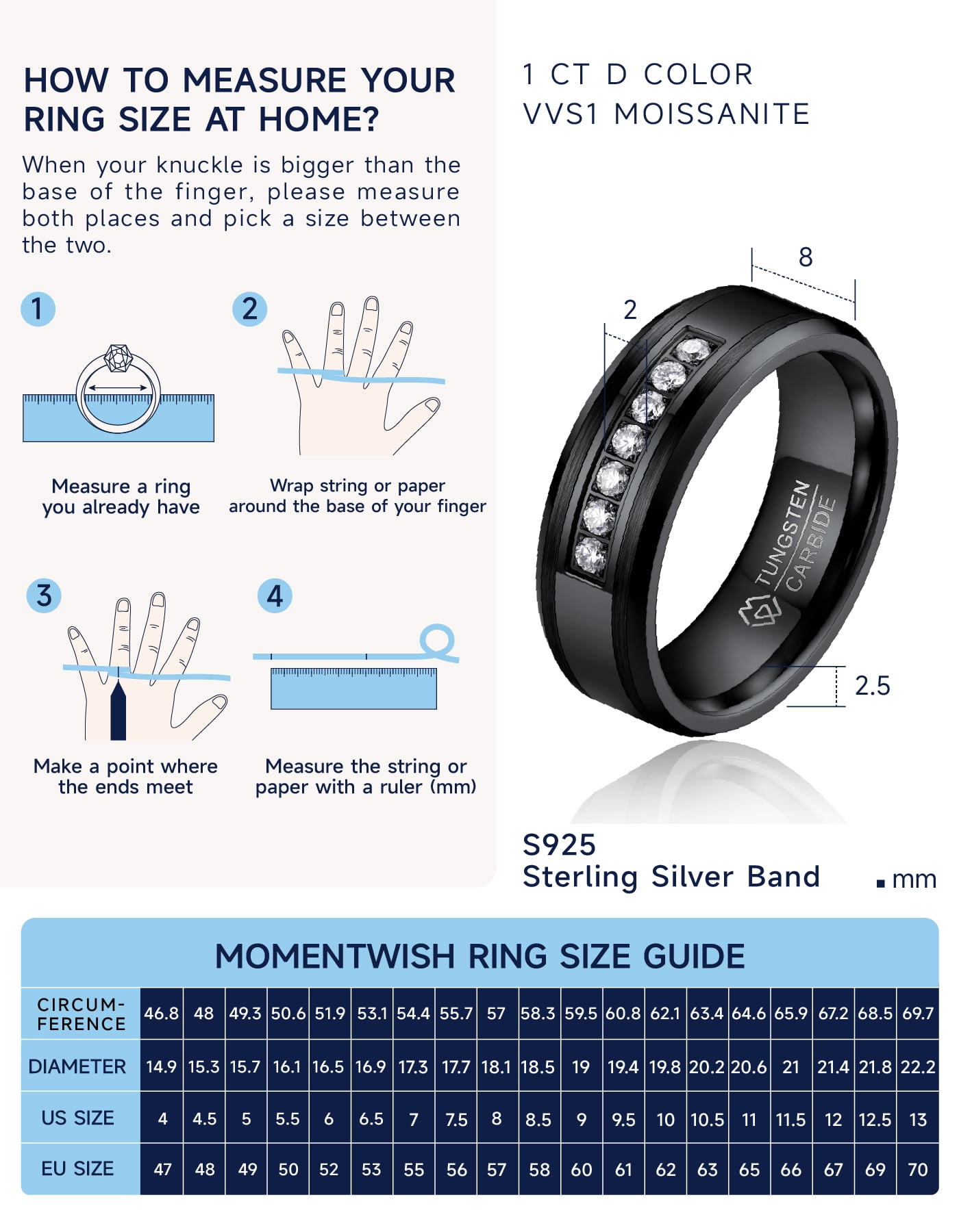 MomentWish Tungsten Rings, Valentine's Day Gift Birthday Gifts, Moissanite Promise Ring Eternity Band-Size7