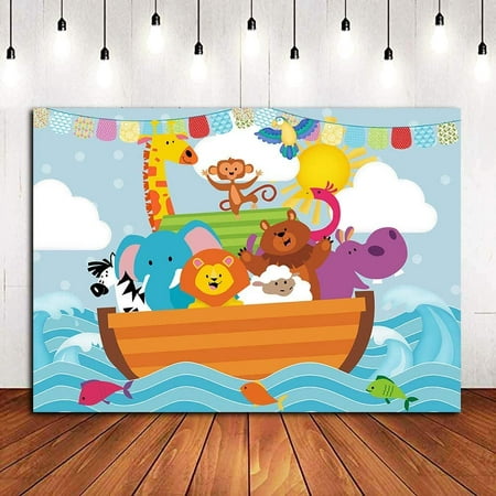 Image of Cartoon Noah s Ark Sea Photography Backdrops Wild Safari Animals Zoo Photo Backgrounds Baby Shower Party Banner Decoration Supplies for Children Birthday Cake Table Photo Booth Props Vinyl 5x3ft