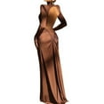 thumbnail image 2 of Women'S Elegant Slim-Fit Long Dress with High Neck, Long Sleeves & Pleated Backless Detail Brown S, 2 of 9