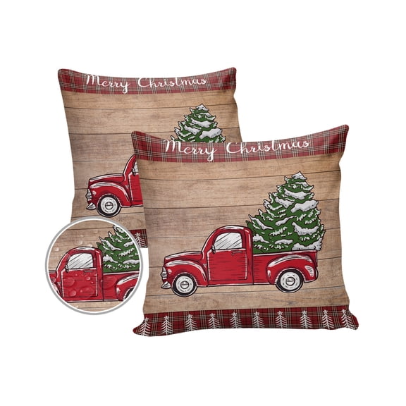 Pack of 2 Outdoor Pillow Covers, Christmas Red Vintage Truck Tree Retro Farmhouse Waterproof Square Throw Pillowcase Cushion Decorative Pillow Covers for Couch Patio Tent, 16x16 in