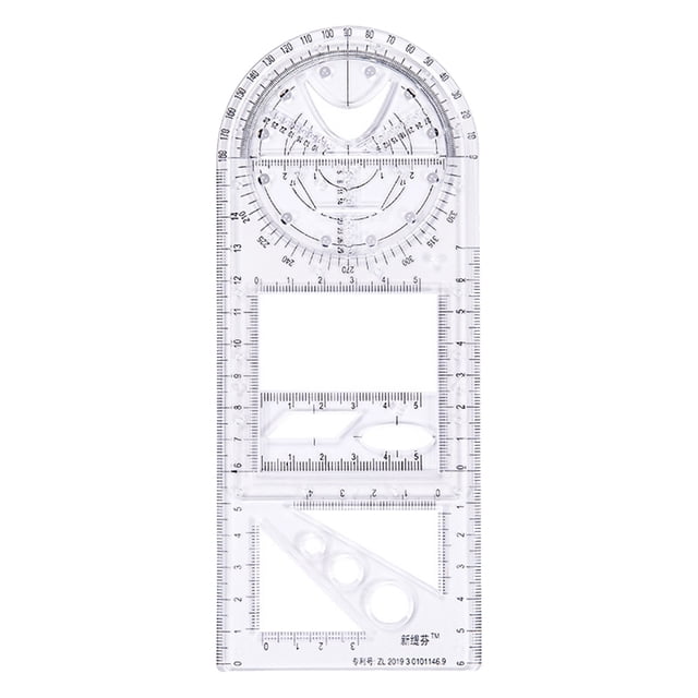 Inteprter Plantilla de dibujo geométrico, peso ligero, cabe fácilmente en estuche para lápices, regla geométrica multifuncional Recortadores de papel Color transparente