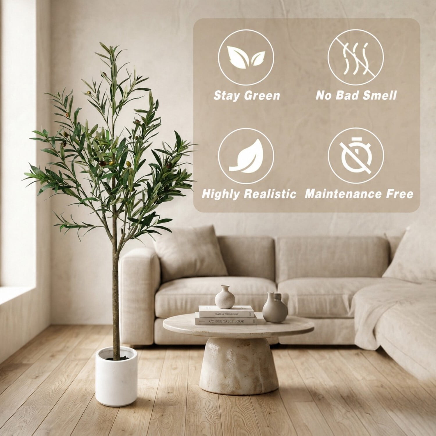 Easy4Home 5.3FT Artificial Olive Tree with Lifelike Fruits Fake Olive Plant Potted Indoor Faux Floor Plant for Home Office Decor, White Pot