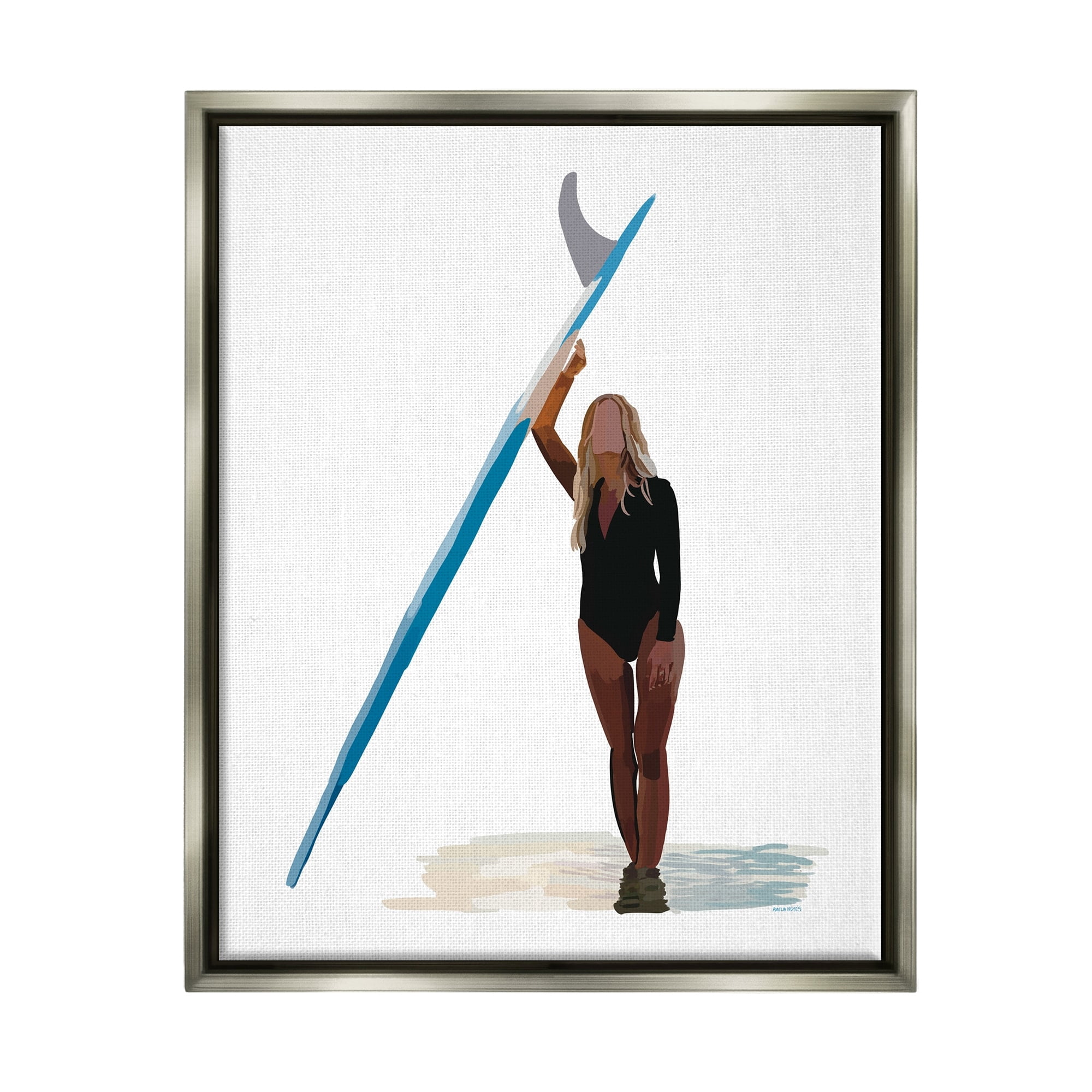 Stupell Industries Athletic Surfing Girl Ocean Beach Summer Sport Graphic Art Luster Gray Floating Framed Canvas Print Wall Art, Design by Amelia Noyes