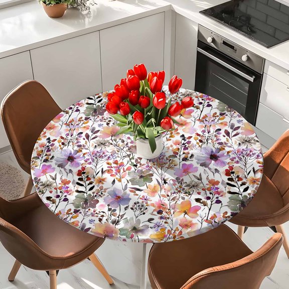 Spring Floral Botanical Elastic Fitted Round Tablecloth Watercolor Purple Flowers Waterproof Outdoor Table Cover for Holiday Party, Picnic, Patio & Dining Fits Tables Up to 55"-60"