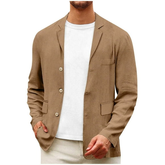Linen Blazer Men Slim Fit Casual Suit Jacket Lightweight 3-Button Wedding Prom Sport Coat Spring Summer Breathable Cotton Blend Business Smart Office Wear