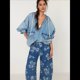 thumbnail image 5 of Vaqueros Rectos, Holgados, Informales, de Tiro Medio y Pierna para Mujer, Estilo Boyfriend Y2K, Pantalones Cortos de Mezclilla Flores Azules XXL, 5 of 8