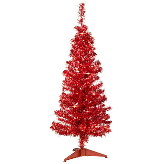 Northlight Pre-Lit Artificial Tinsel Christmas Tree - 4' - Red - Clear Lights